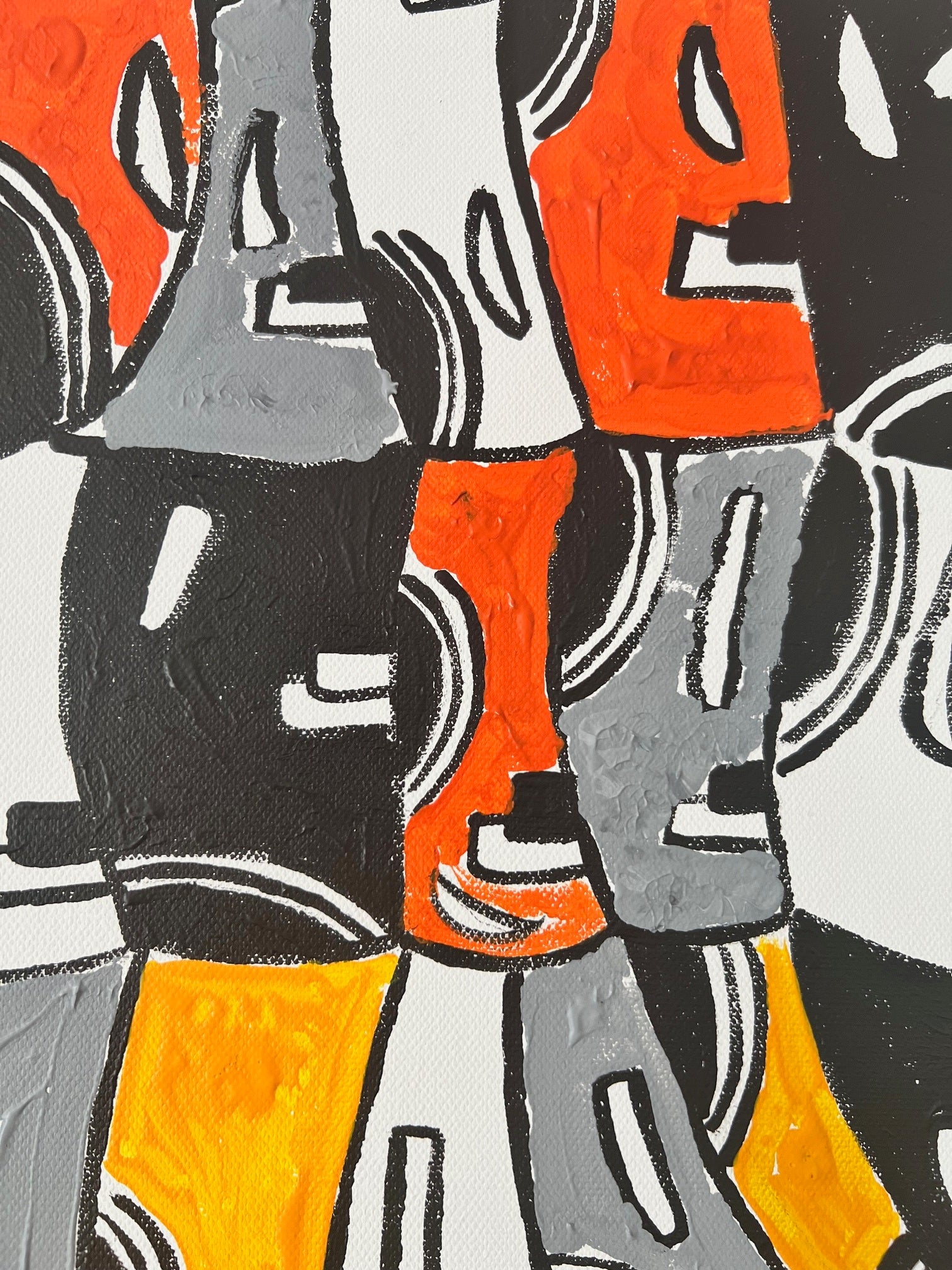 art mural abstrait  noir et  orange  gris  fait main delavé 