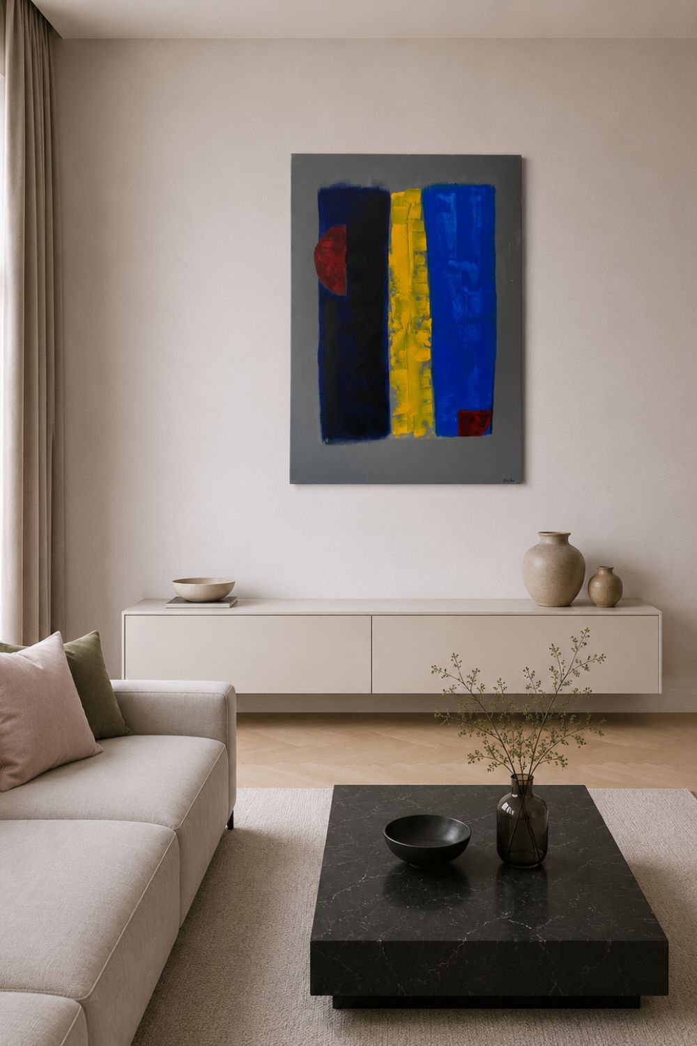 art mural  contemporain  bleu  et jaune  