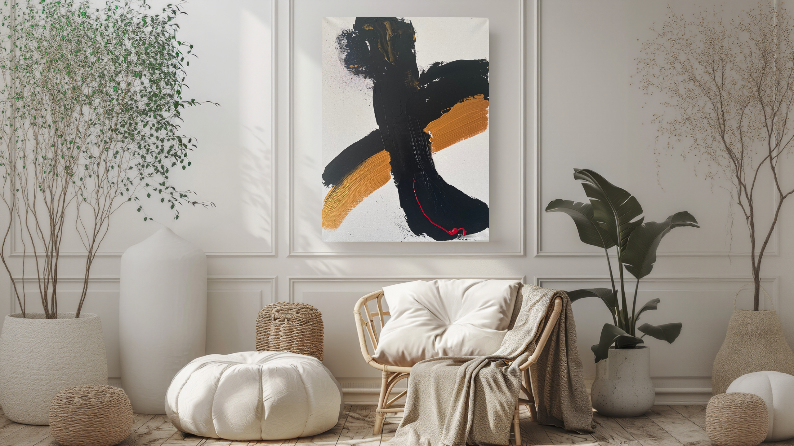 Tableau abstrait en relief blanc noir or