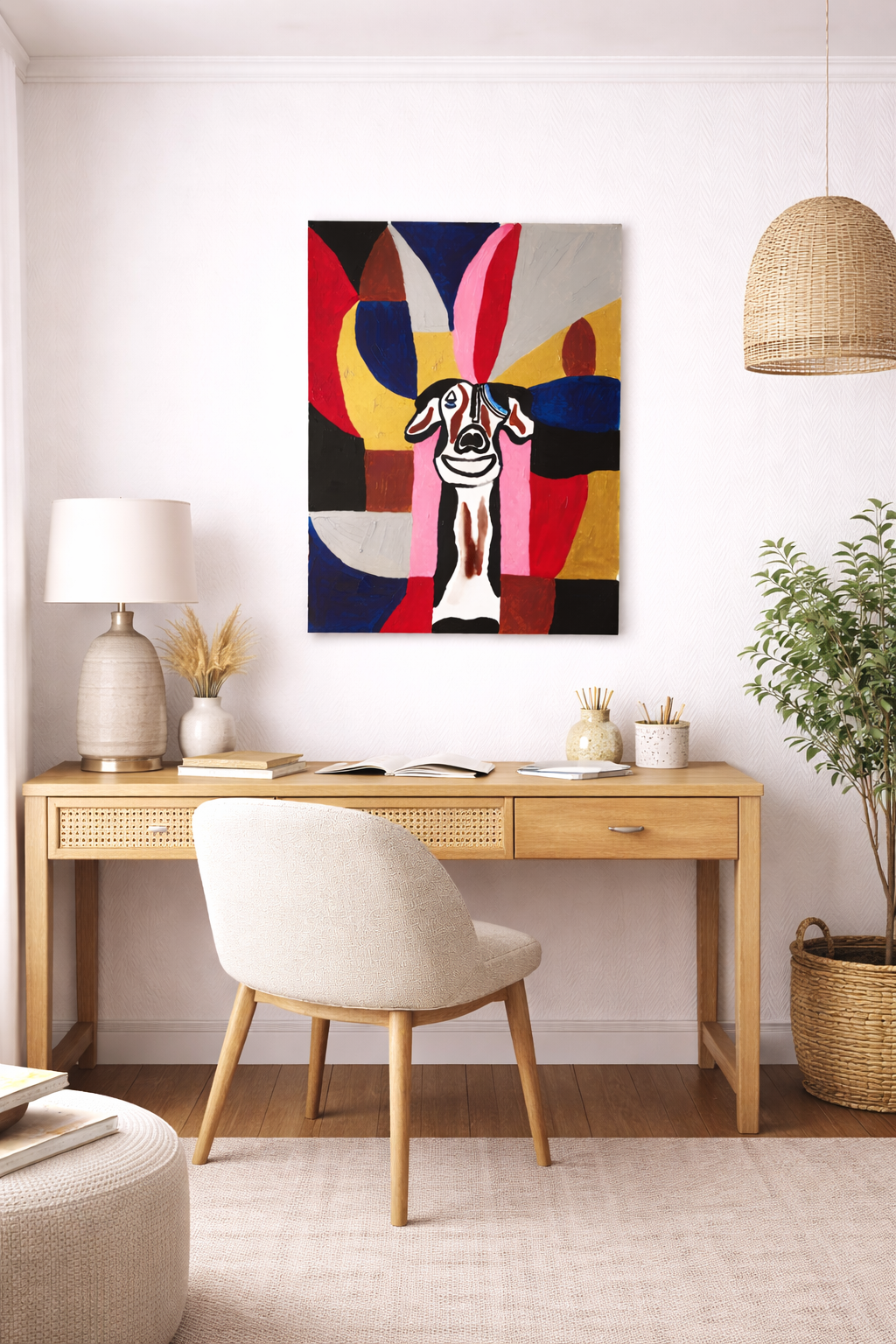 bureau moderne  avec  peinture de chien abstraite sur toile peint à la main 