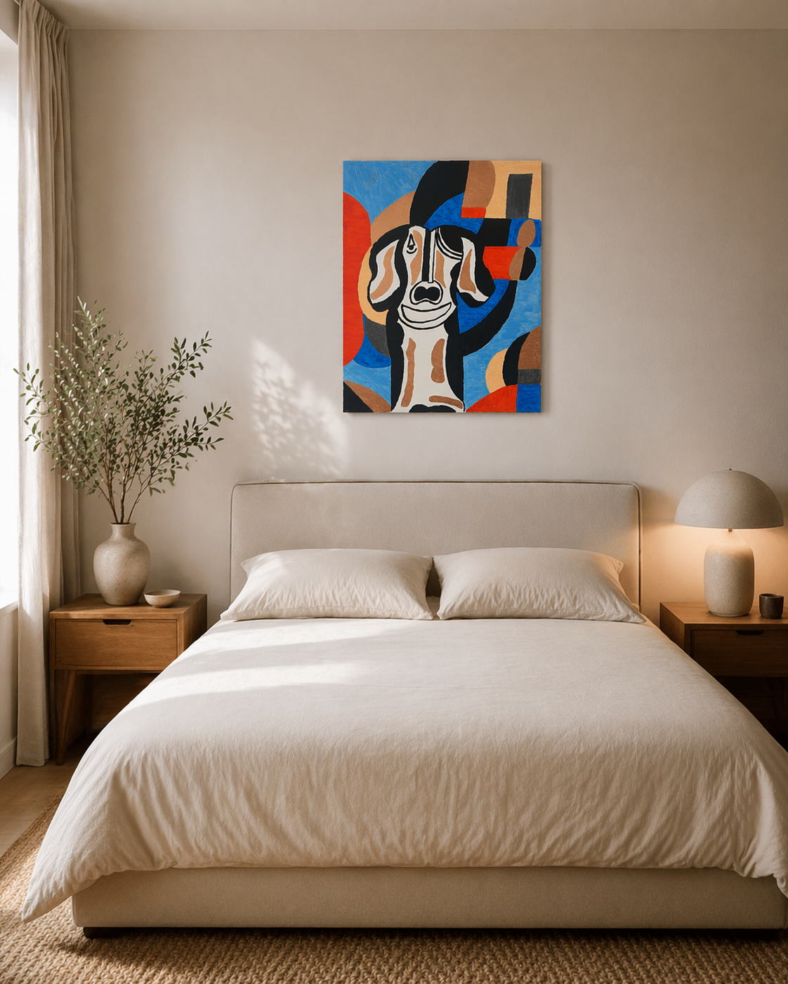 chambre minimaliste  avec tableau de chien  peint à  la main 