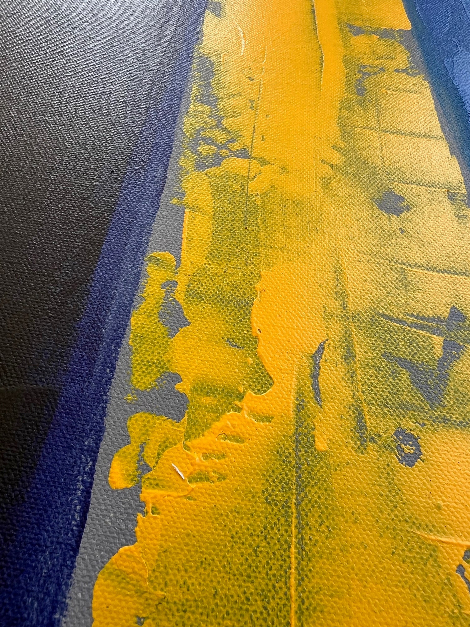 Tableau abstrait acrylique jaune, gris et bleu