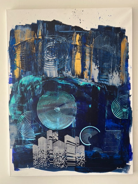 Tableau urbain jaune gris noir moderne – "Ville de Nuit"