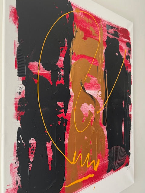 Tableau abstrait en relief rouge blanc or noir