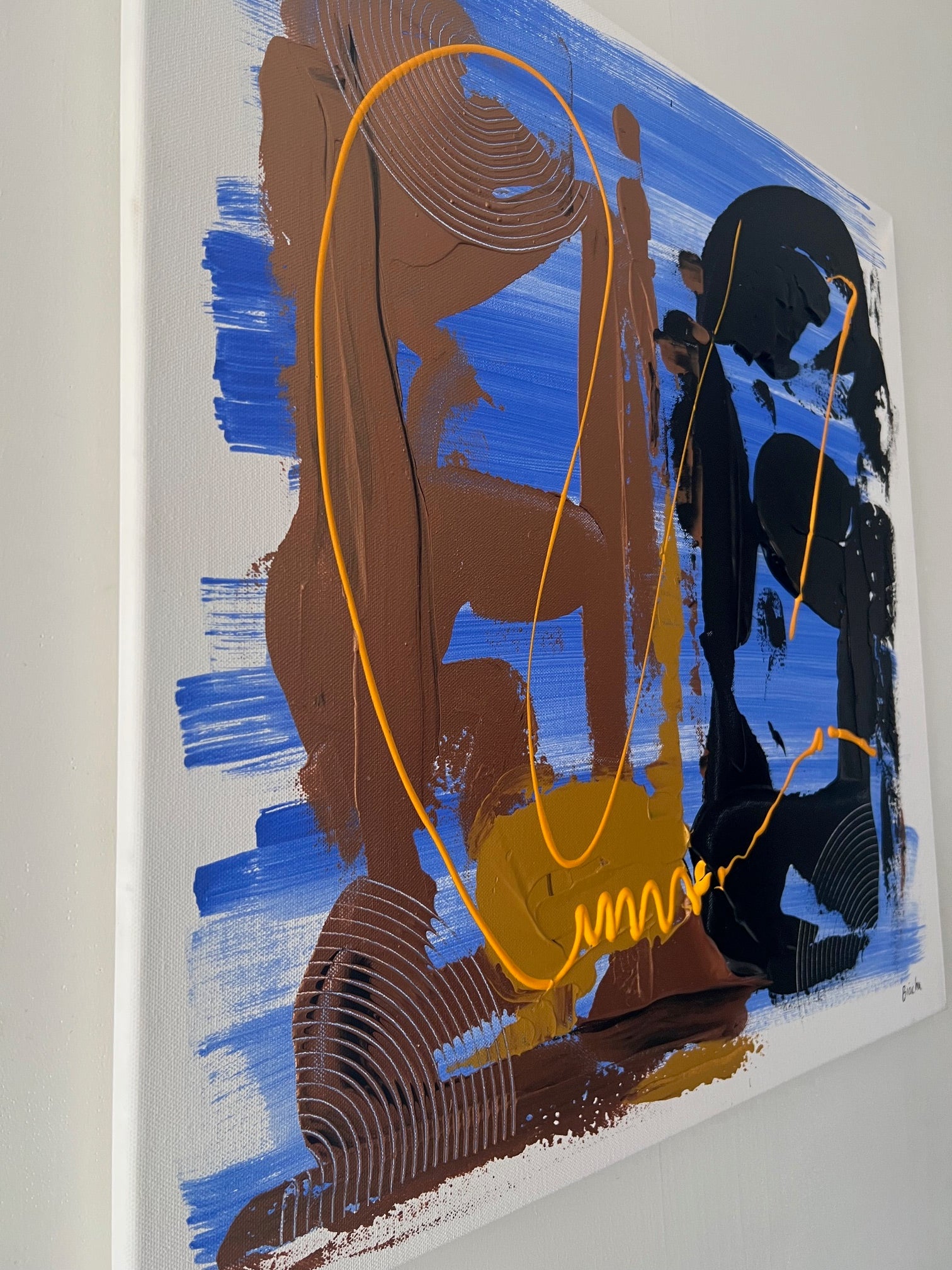 Tableau abstrait moderne bleu noir cuivre