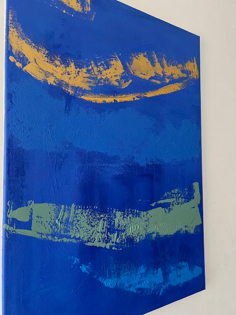 Tableau abstrait bleu, or et vert sauge “Harmonie”