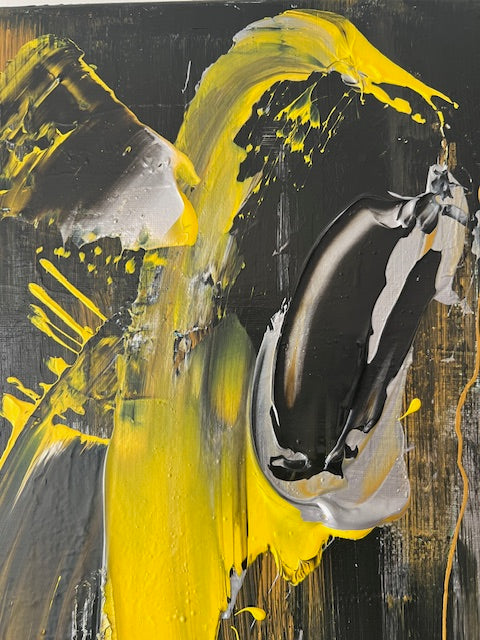 Tableau Abstrait Noir, Gris & Jaune en Relief