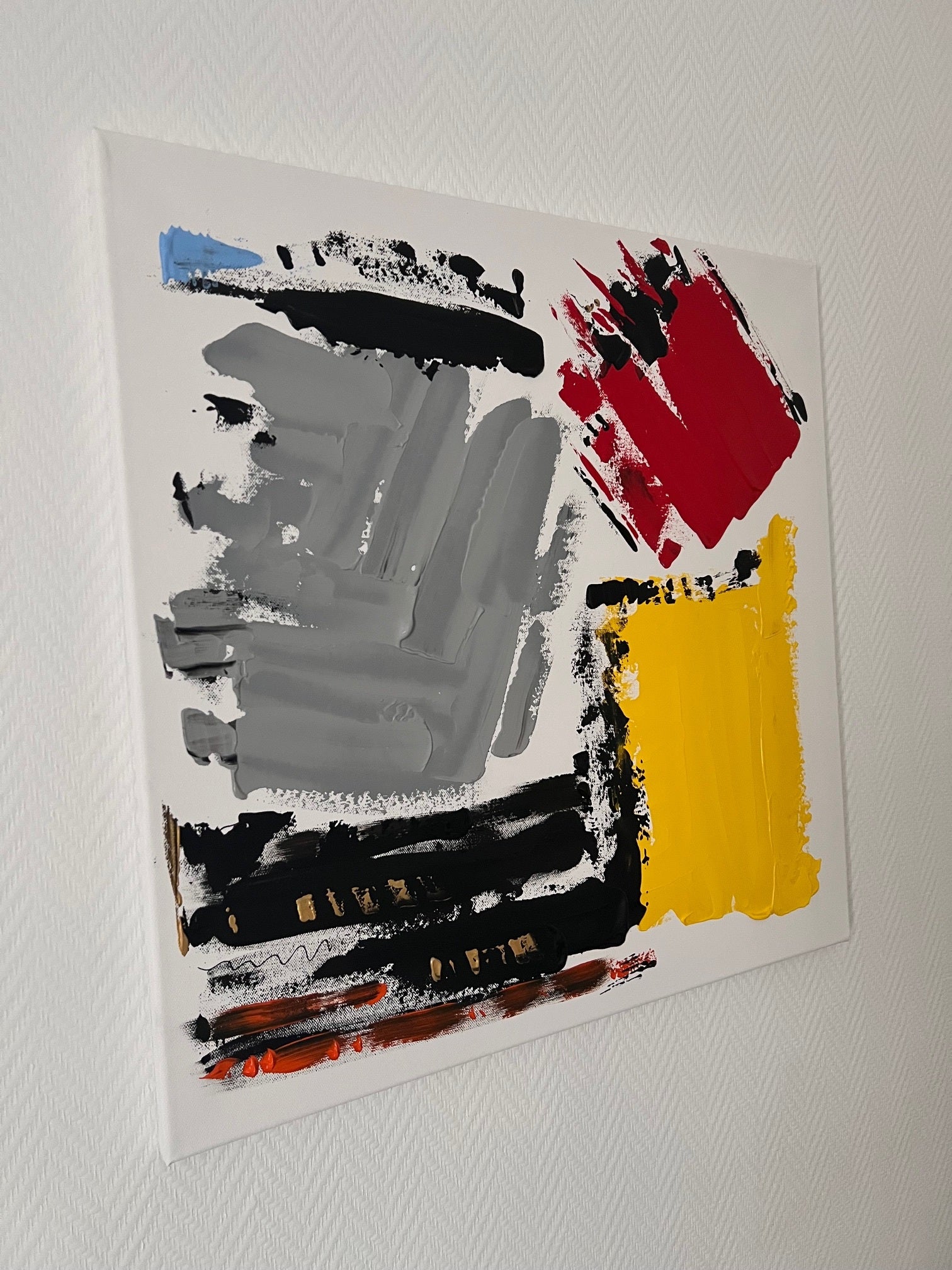 oeuvre abstraite moderne couleurs gris rouge jaune unique fait main 