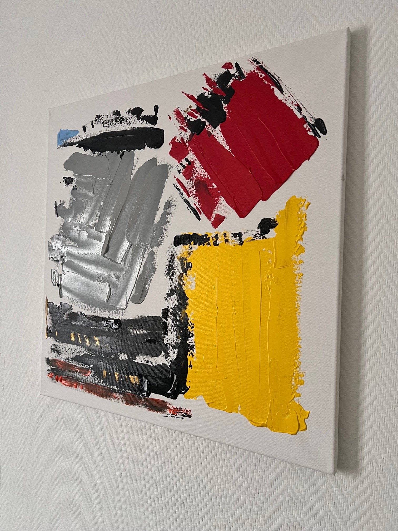 peinture abstraite en relief contrastes gris rouge jaune artiste peintre Biacha