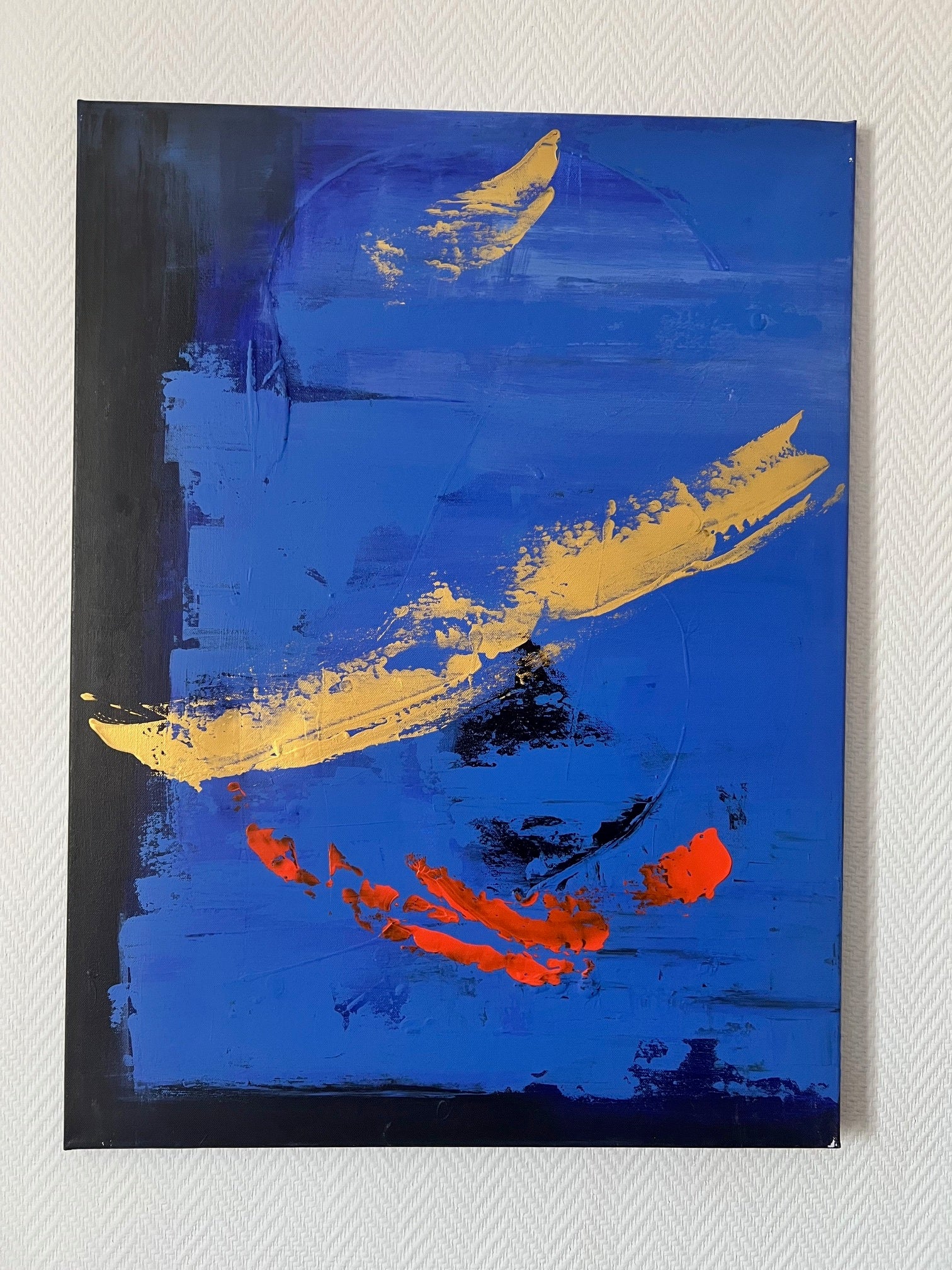 peinture abstraite sur toile bleu et or 