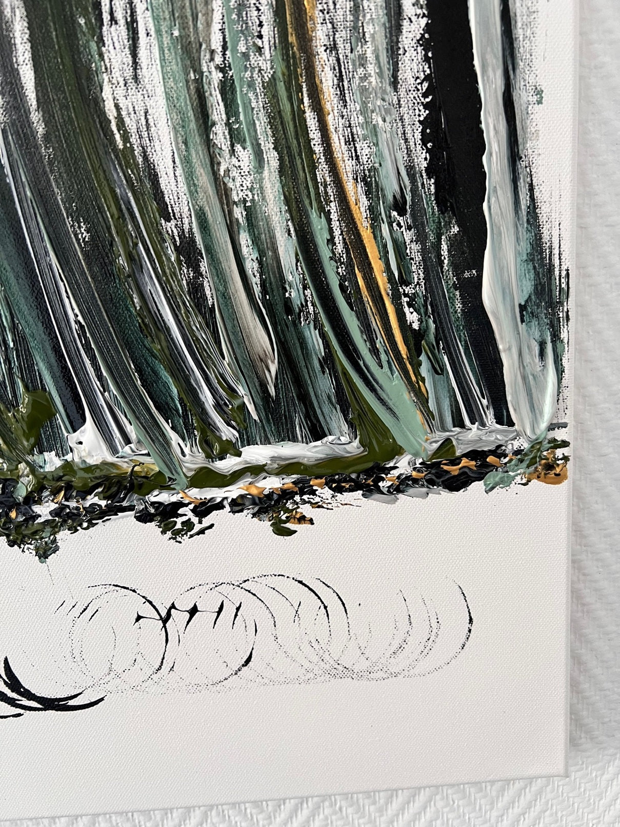 Peinture abstraite texturée vert sombre vert sauge et noir style décoratif contemporain Biacha artiste 