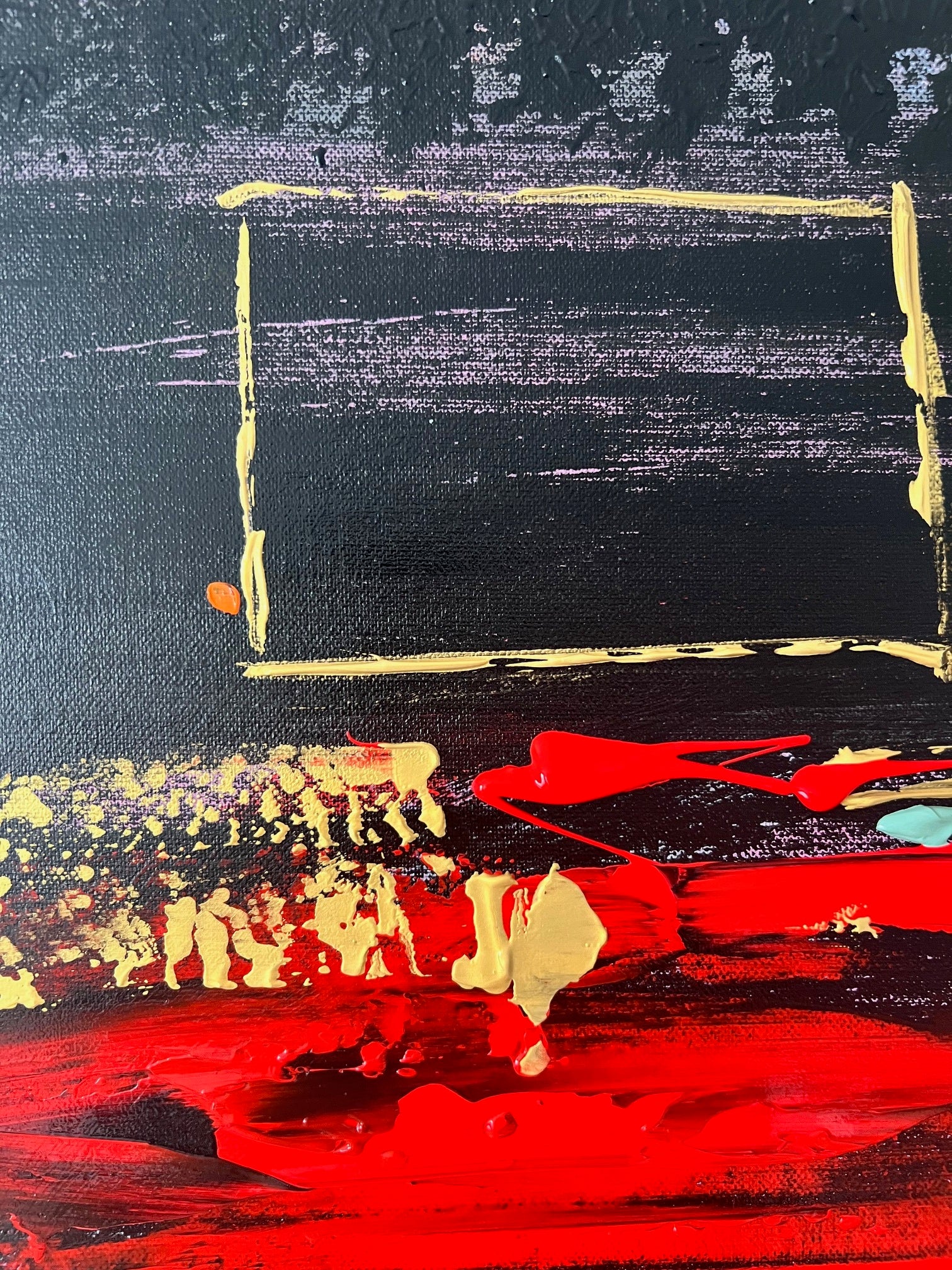 peinture contemporaine relief noir rouge or texture épaisse 80x60 le tapis rouge Cannes  