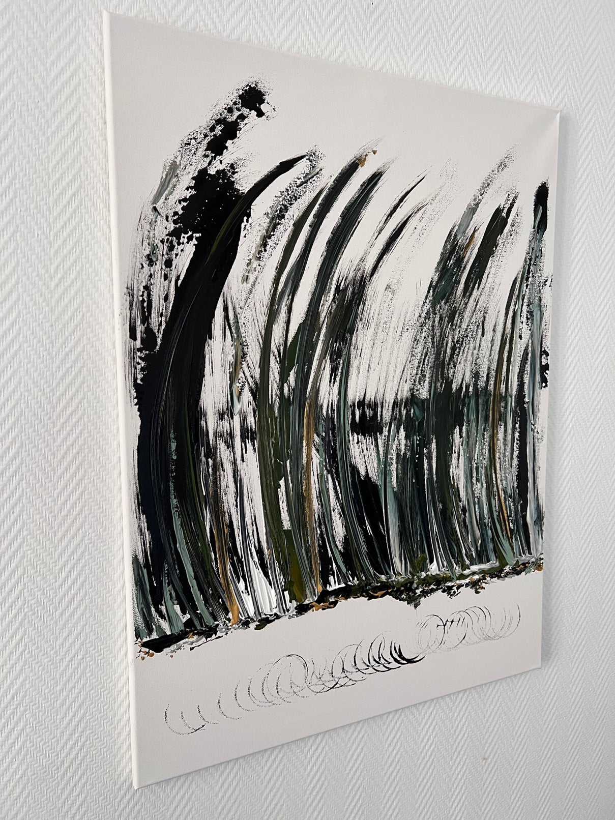 Peinture contemporaine roseaux abstraits vert noir blanc texture moderne artiste peintre Biacha