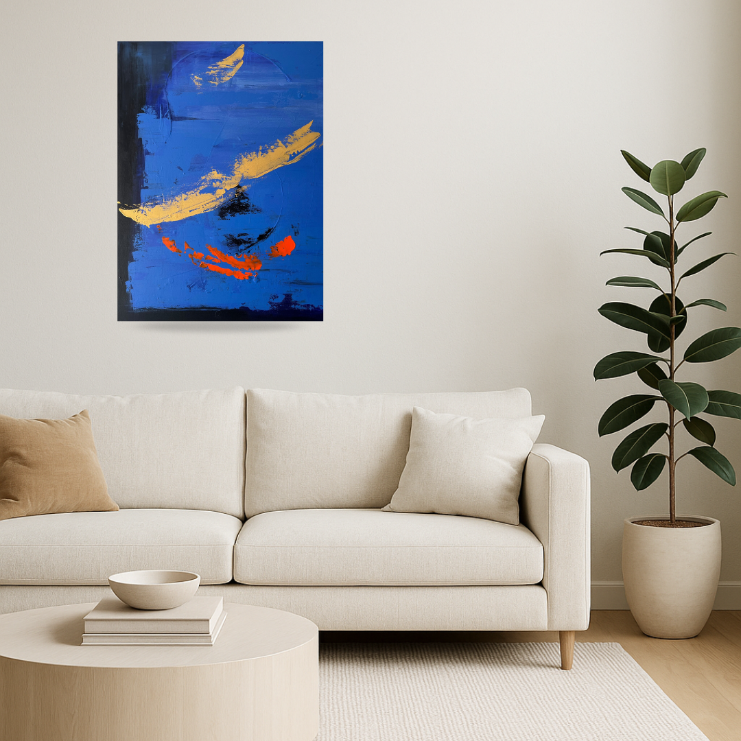 Tableau abstrait Bleu Orange et Or  “Fusion”