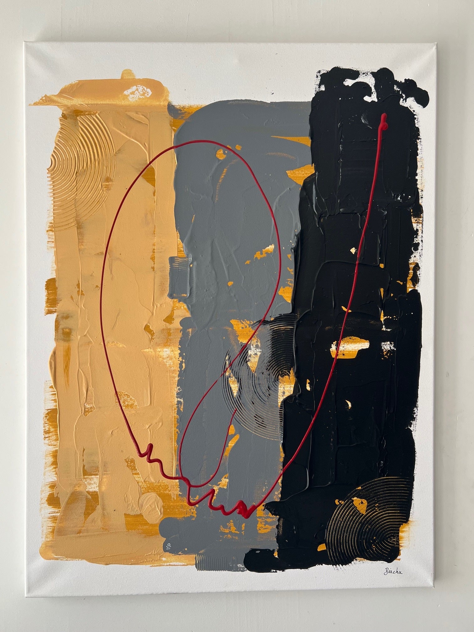 Tableau abstrait en relief beige gris noir