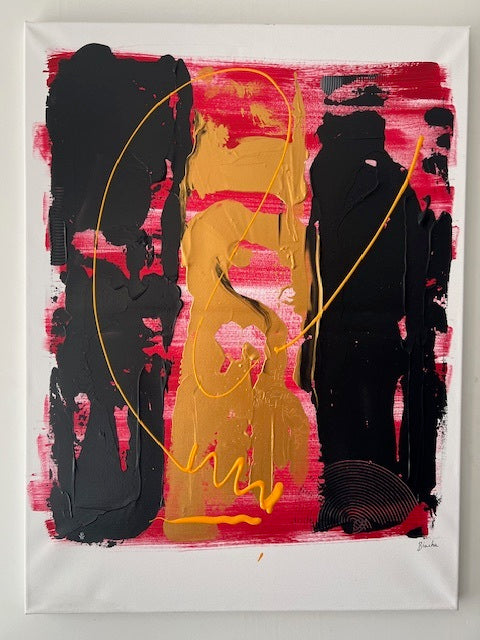 Tableau abstrait en relief rouge blanc or noir
