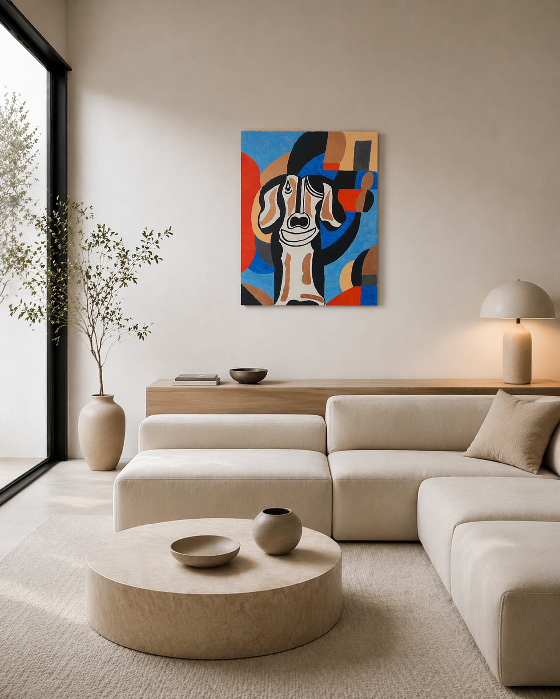 salon minimalist  avec oeuvre abstraite  sur toile peinte à la main 