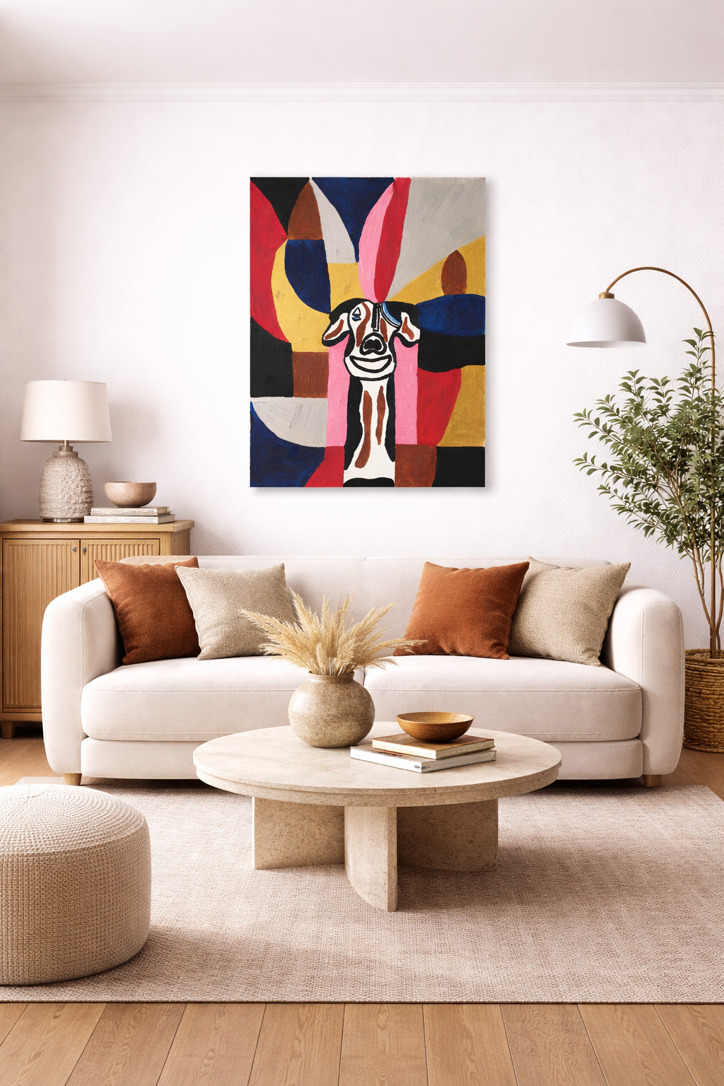 Salon moderne avec peinture abstraite de chien 