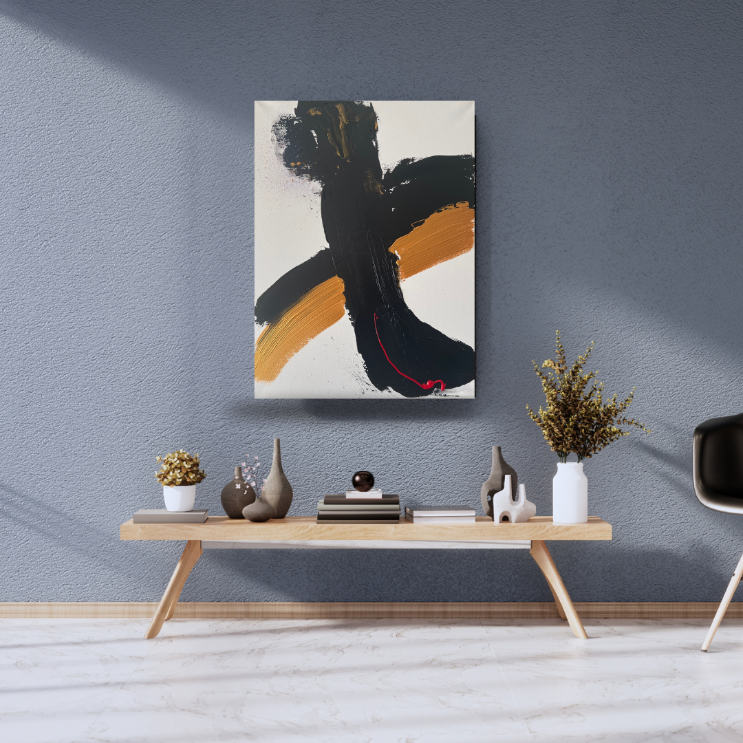Tableau abstrait en relief blanc noir or