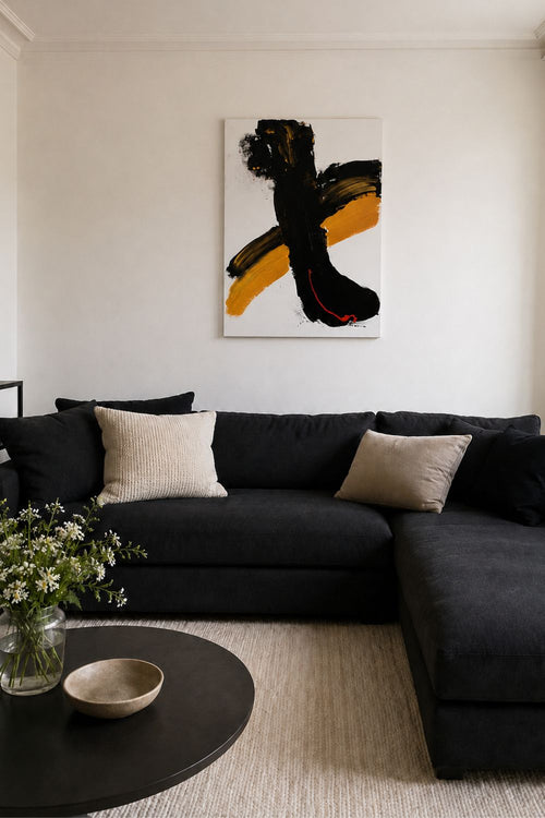 tableau abstrait moderne en relief Noir et Or Biacha artiste peintre 