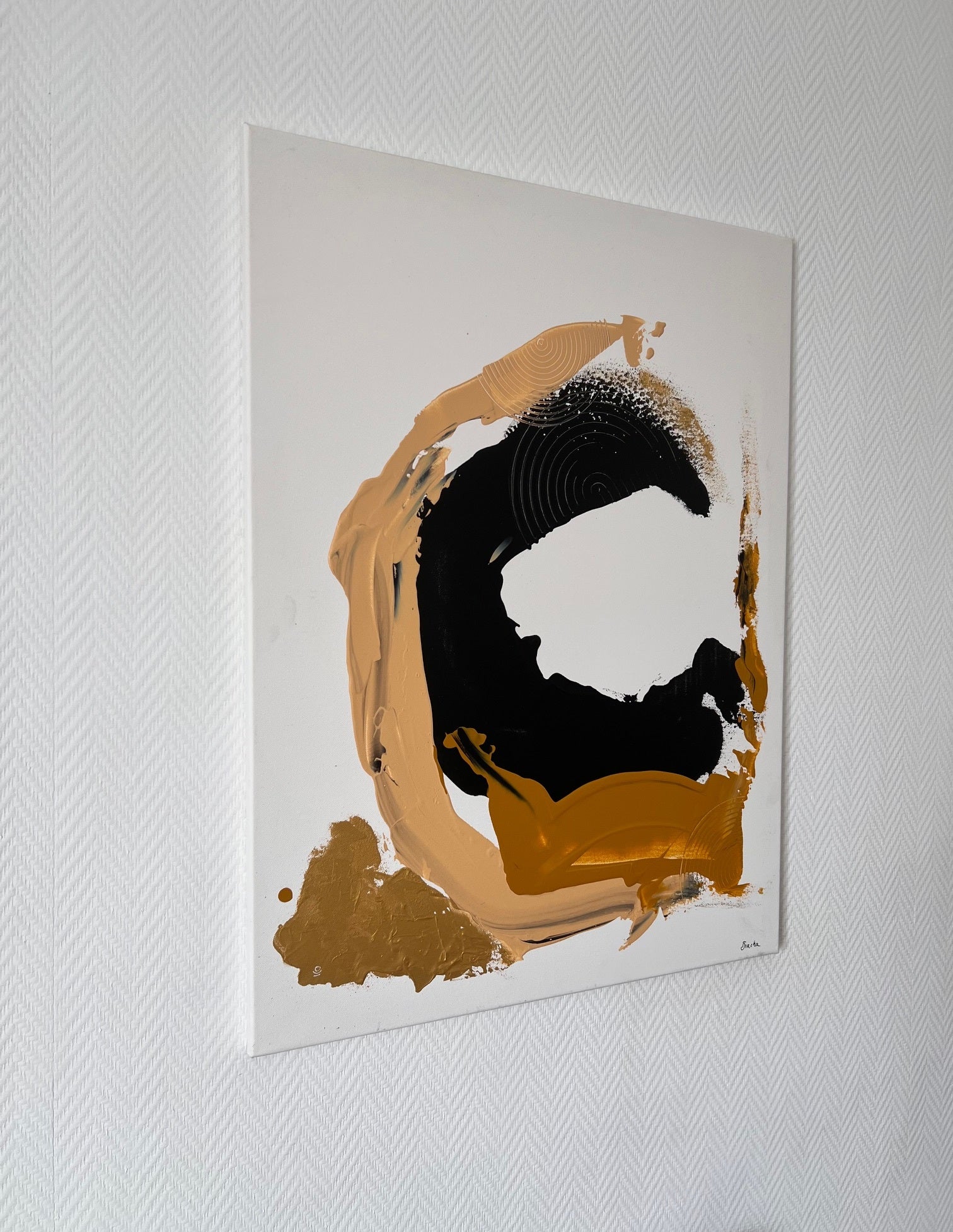 Tableau abstrait noir, beige et or fait main | Éclat Noir et Or