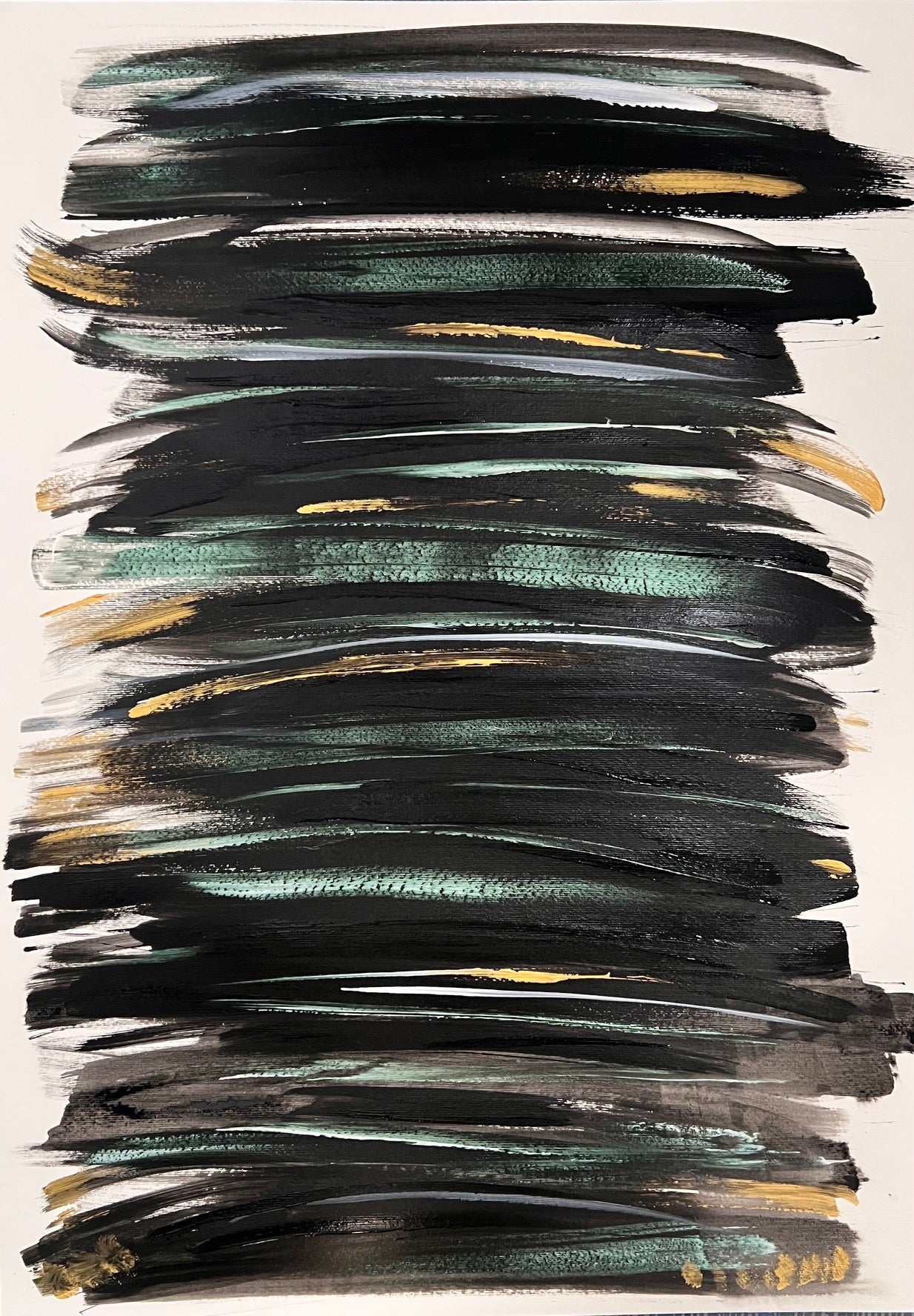 tableau abstrait noir vert et or sur papier peint à la main 