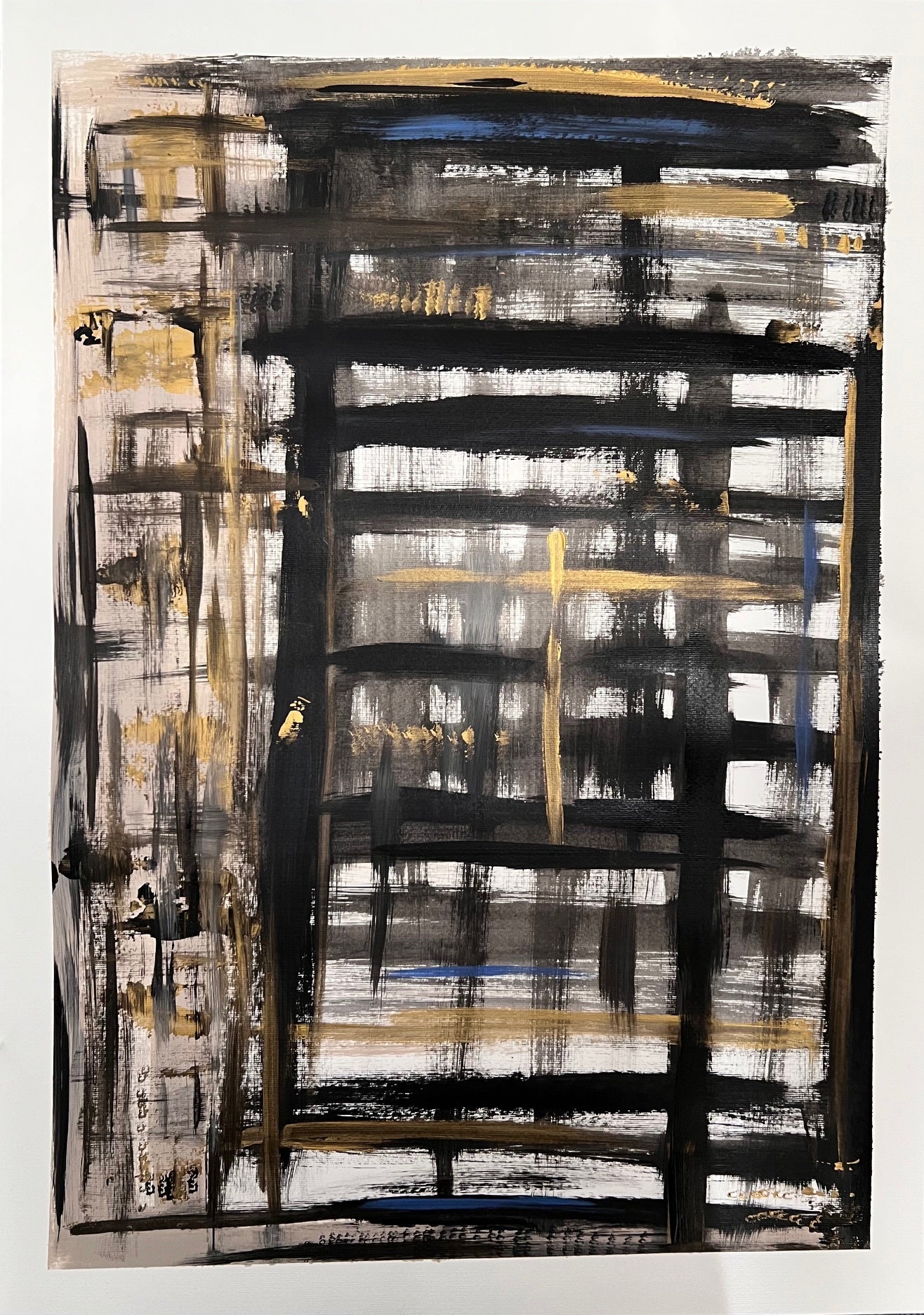 tableau  abstrait  sur papier  couleur  or noir 