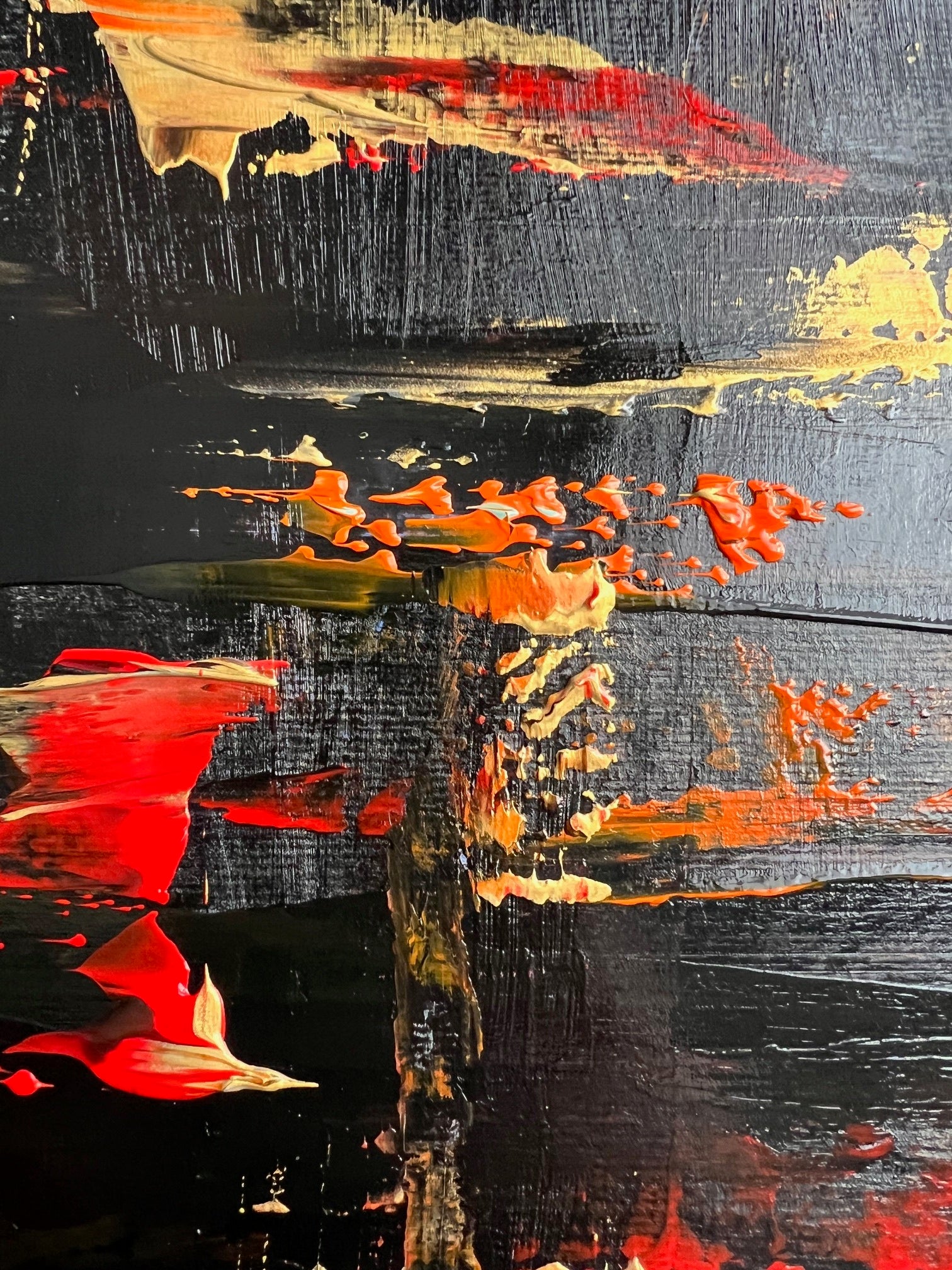 Tableau  abstrait  sur papier fait main or rouge orange tableau moderne décoration murale