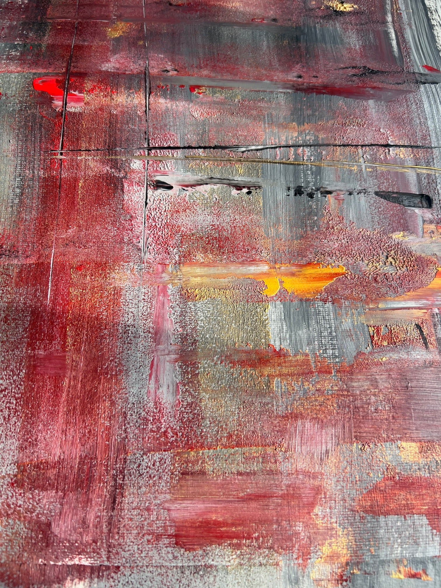 tableau  abstrait   sur papier  rouge  et or  peint à la main 