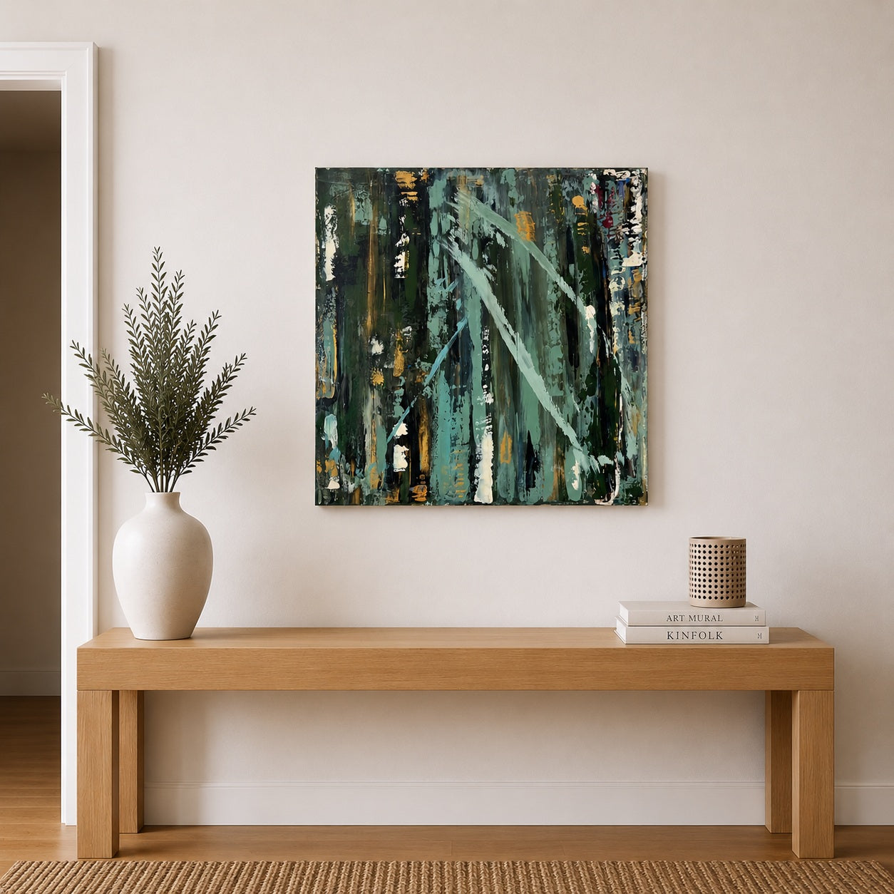 tableau abstrait sur toile fait main peinture acrylique  couleur vert sauge vert sapin 