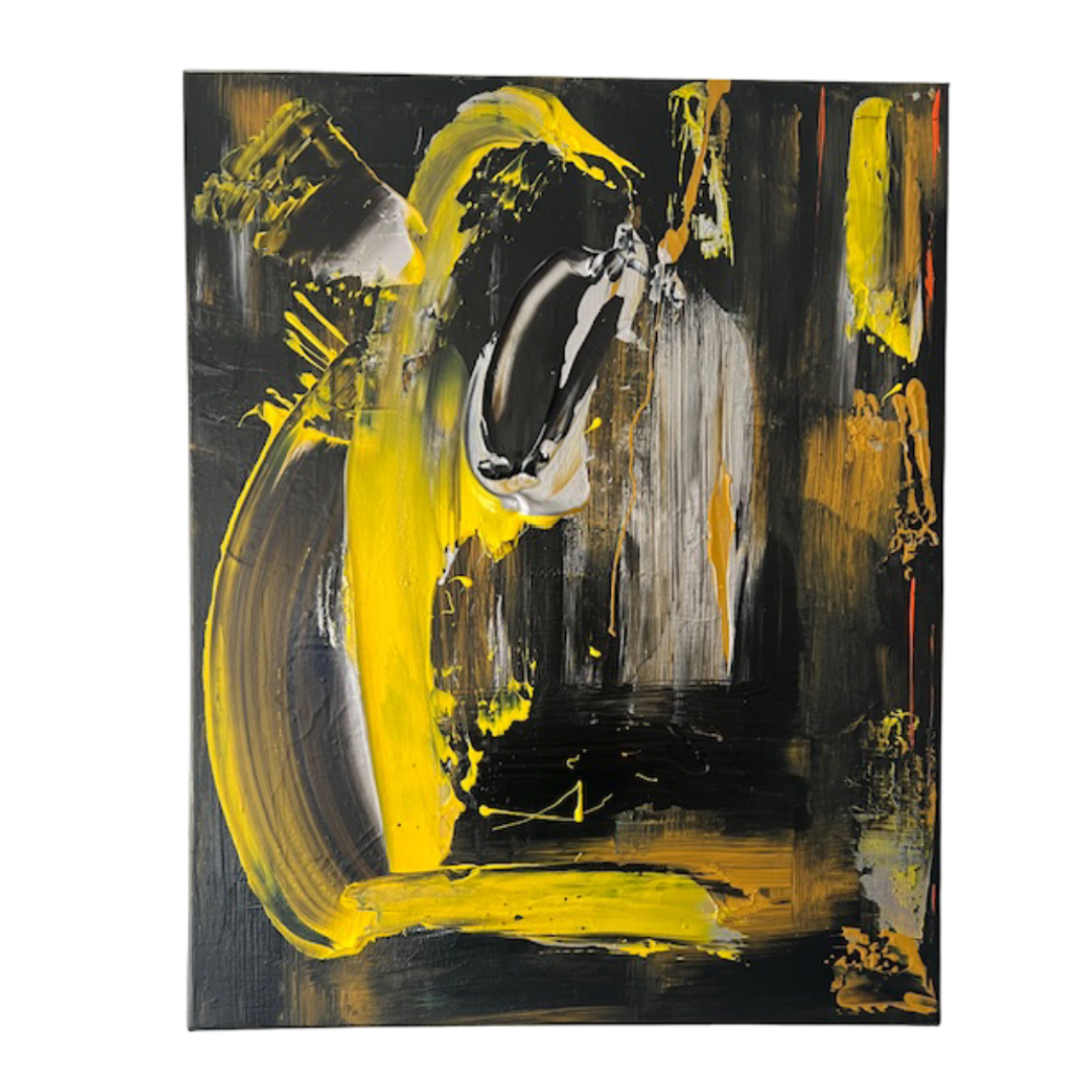 Tableau Abstrait Noir, Gris & Jaune en Relief
