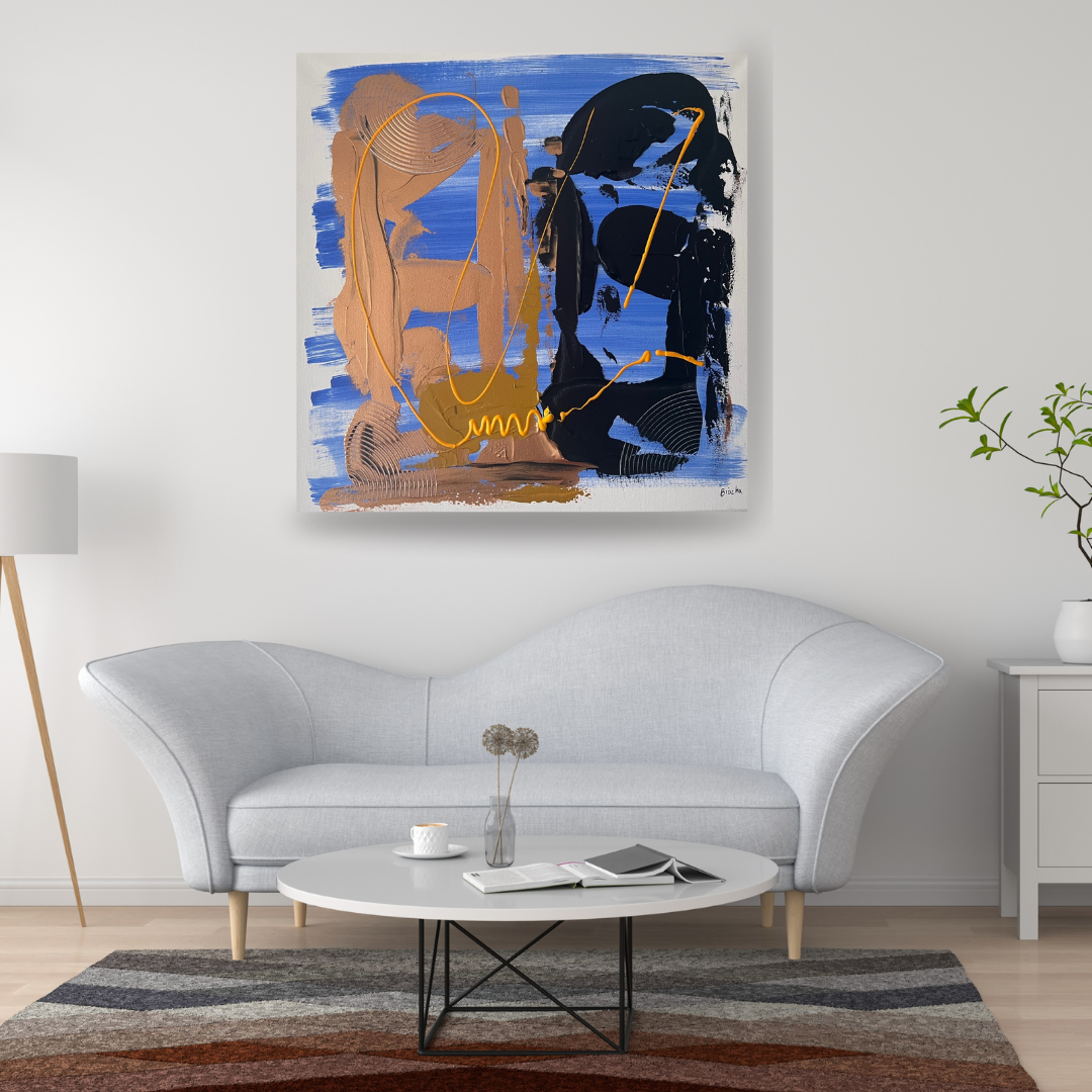 Tableau abstrait moderne bleu noir cuivre