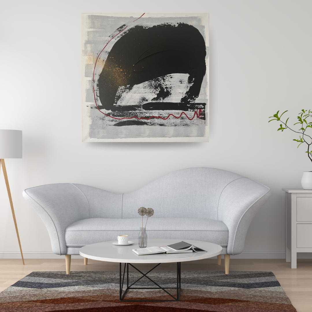 Tableau abstrait en relief blanc noir et or