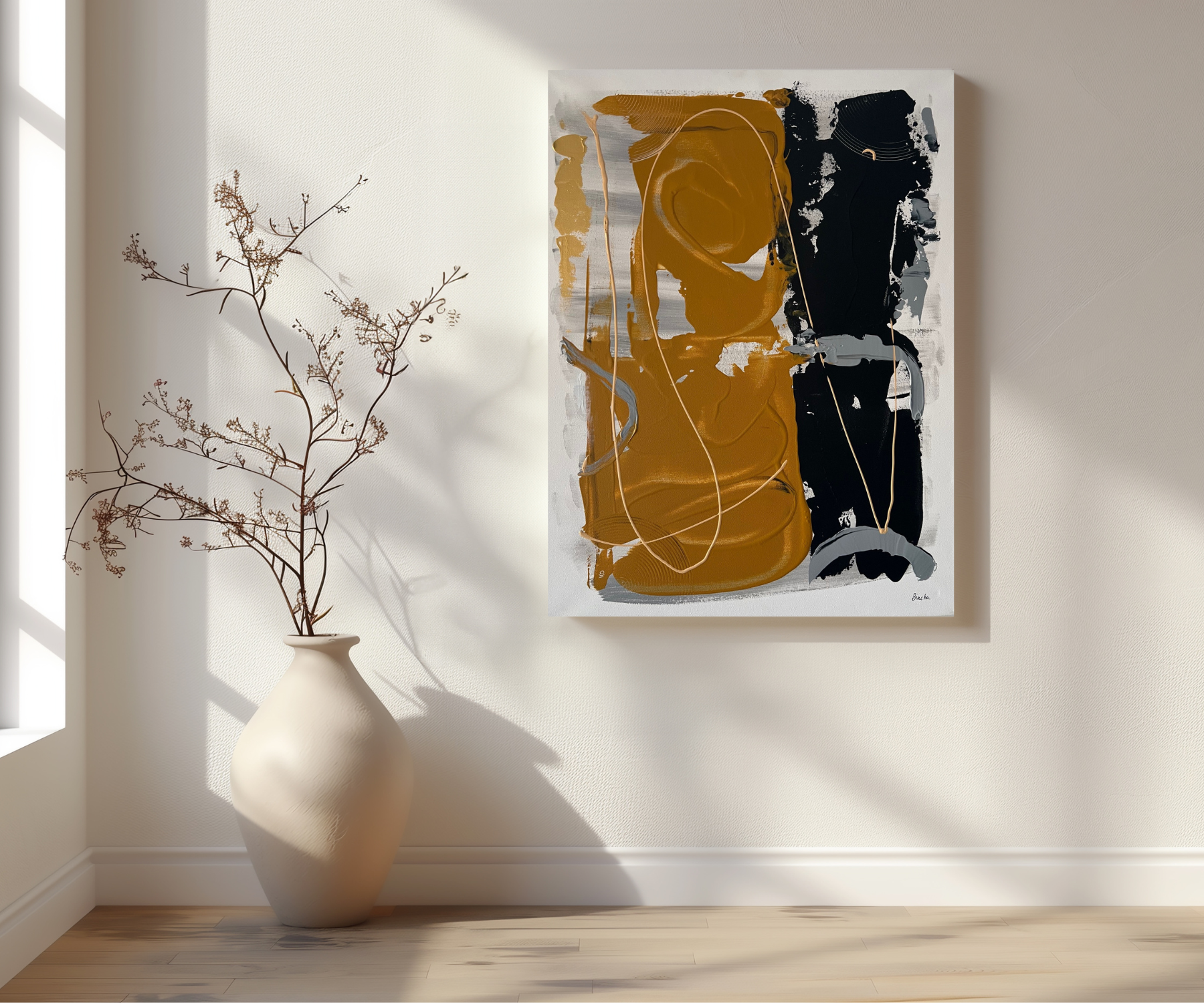 Tableau abstrait en relief noir marron blanc