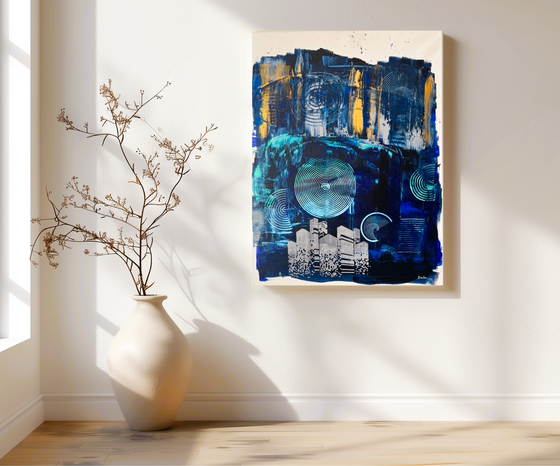 Tableau urbain jaune gris noir moderne – "Ville de Nuit"