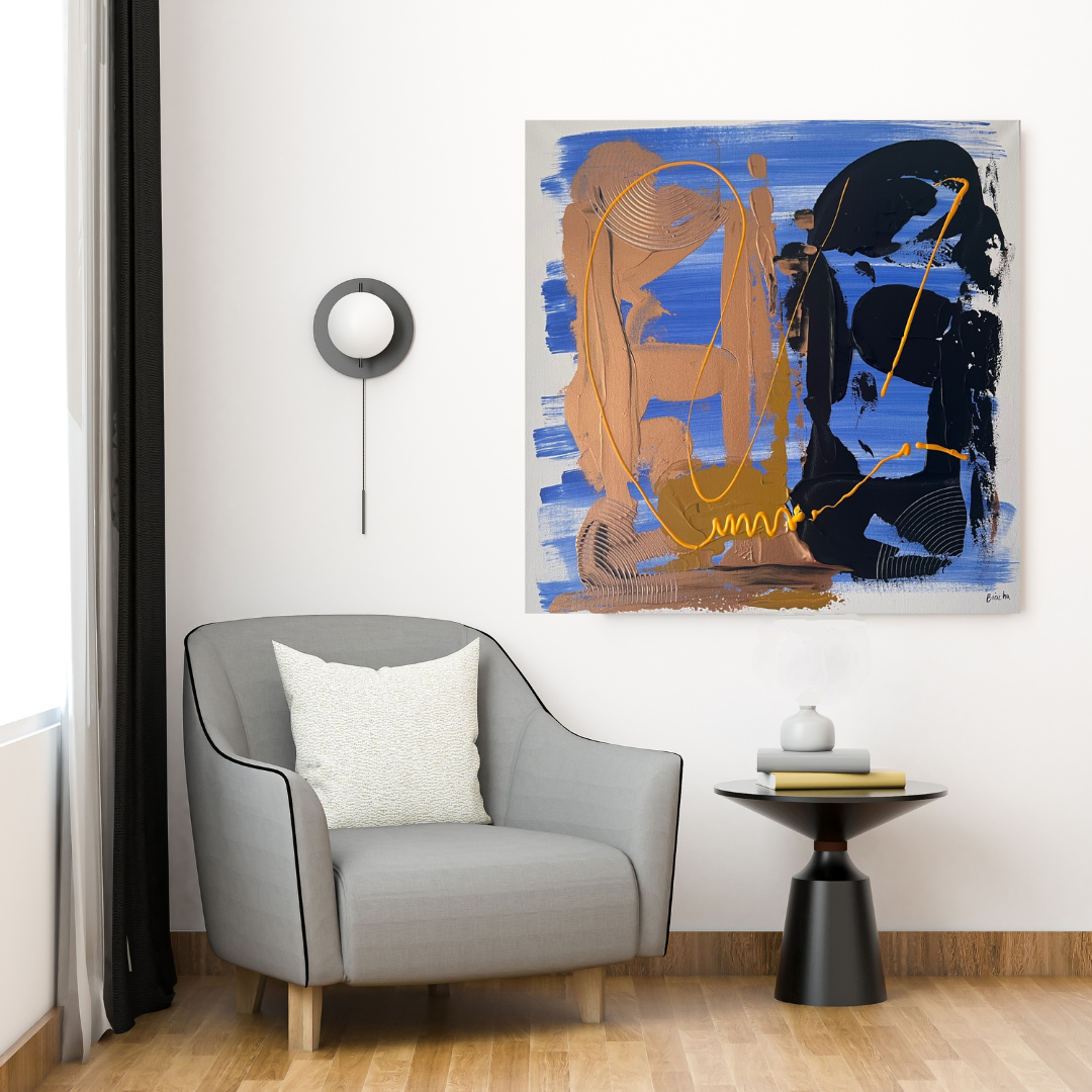 Tableau abstrait moderne bleu noir cuivre
