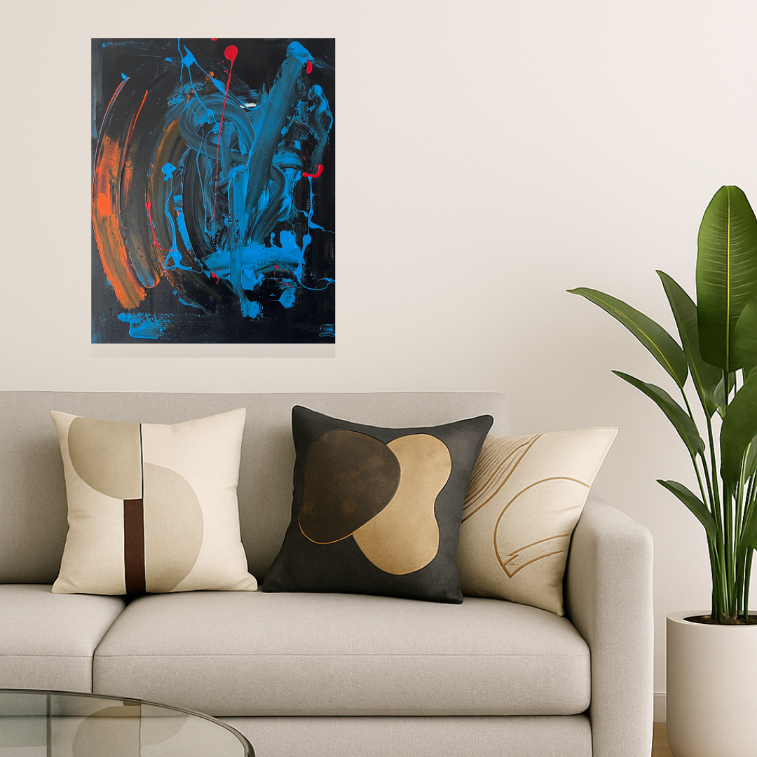 Tableau Abstrait Noir et Orange en Relief