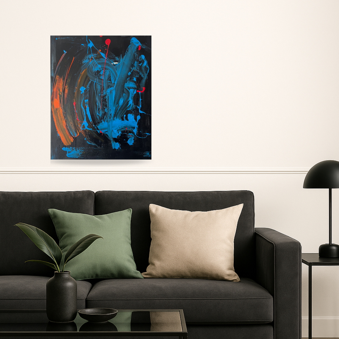 Tableau Abstrait Noir et Orange en Relief