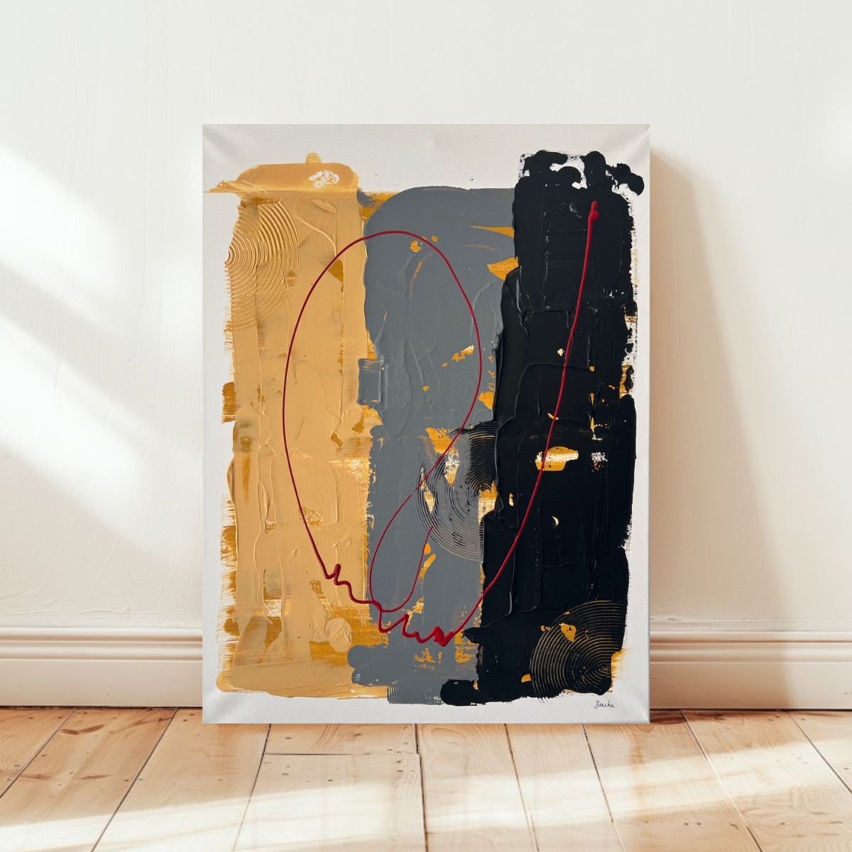 Tableau abstrait en relief beige gris noir