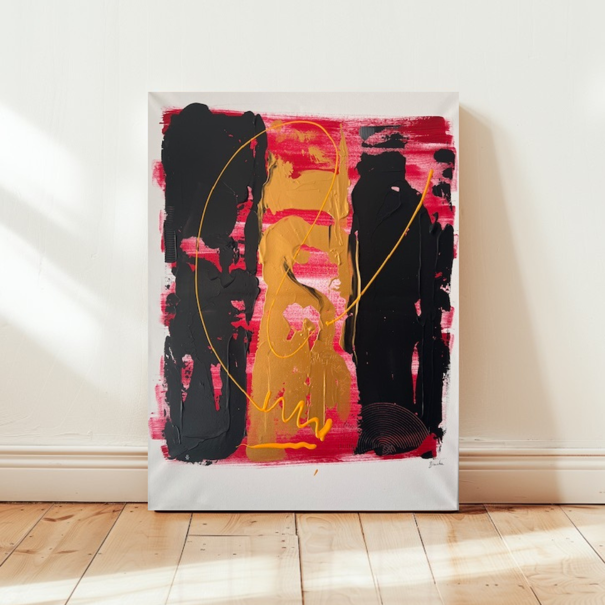 Tableau abstrait en relief rouge blanc or noir