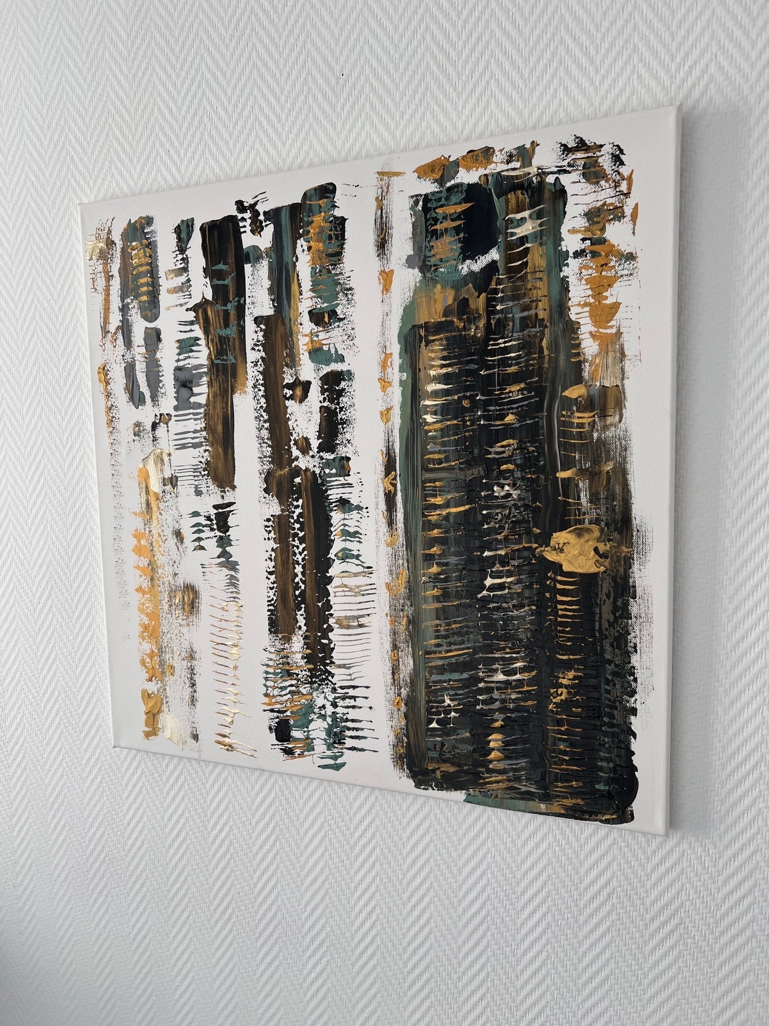 tableau moderne relief ocre noir vert composition abstraite