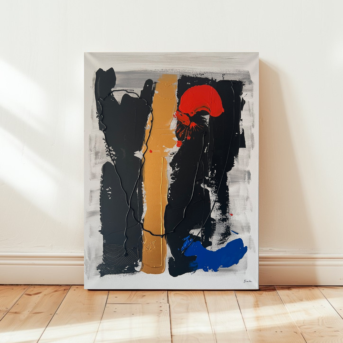 Tableau abstrait moderne rouge noir or