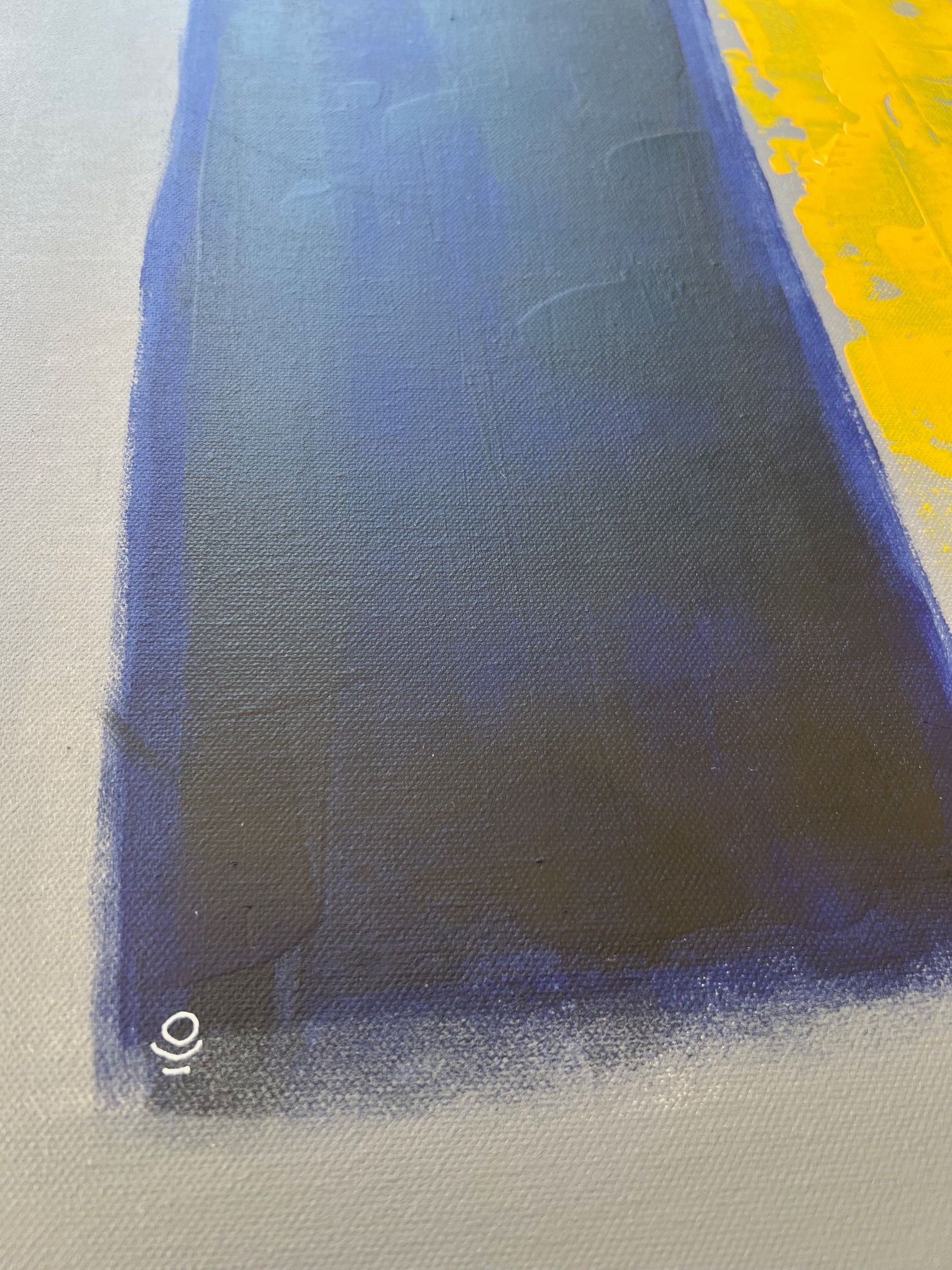 Tableau abstrait acrylique jaune, gris et bleu