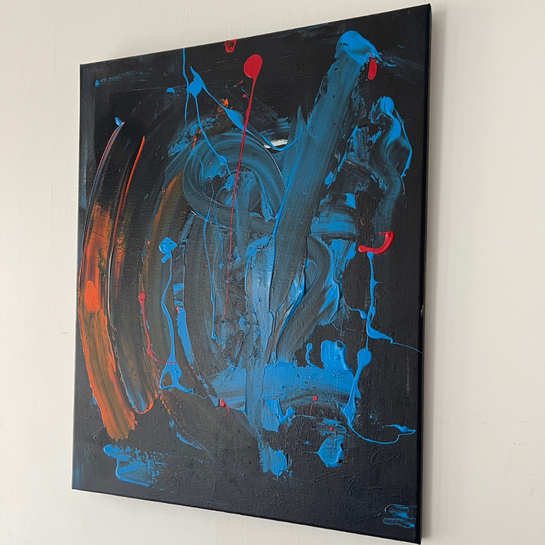 Tableau Abstrait Noir et Orange en Relief