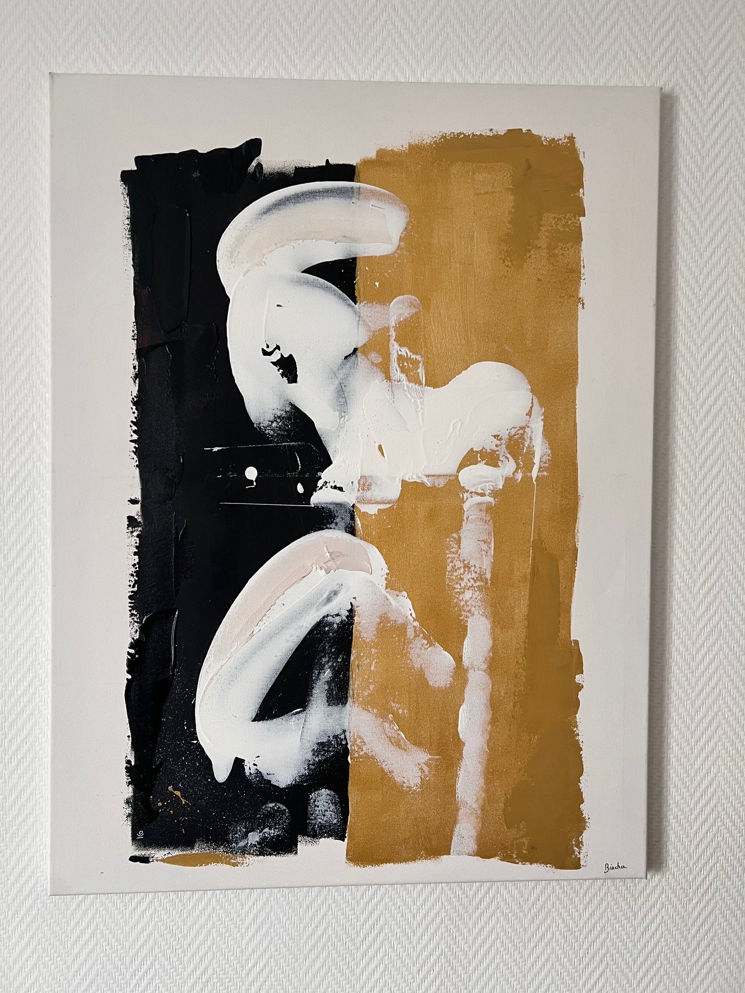 tableau abstrait moderne 80x60 noir blanc or relief Biacha
