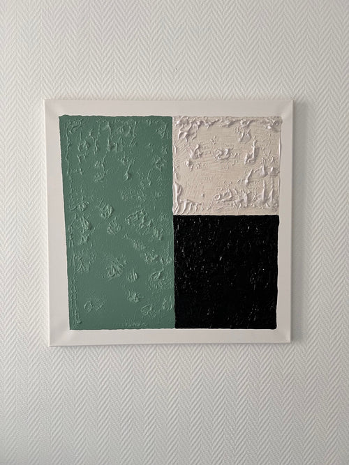 tableau abstrait vert sauge blanc noir en relief création Biacha décoration murale moderne