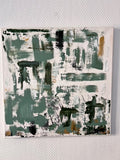 Tableau abstrait moderne vert sauge blanc et noir, œuvre Biacha en relief pour décoration murale contemporaine.