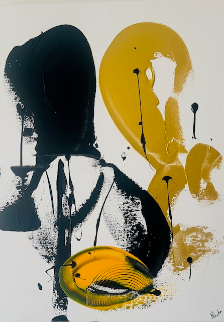 Tableau abstrait noir or jaune moderne