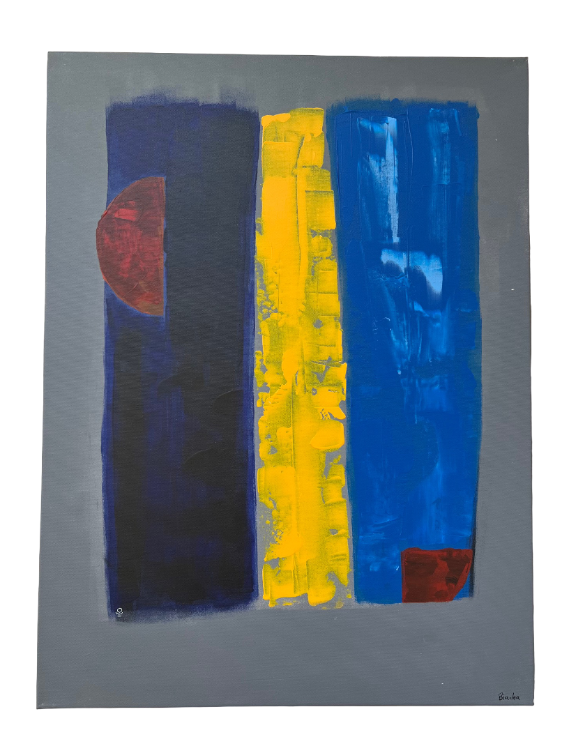 Tableau abstrait acrylique jaune, gris et bleu
