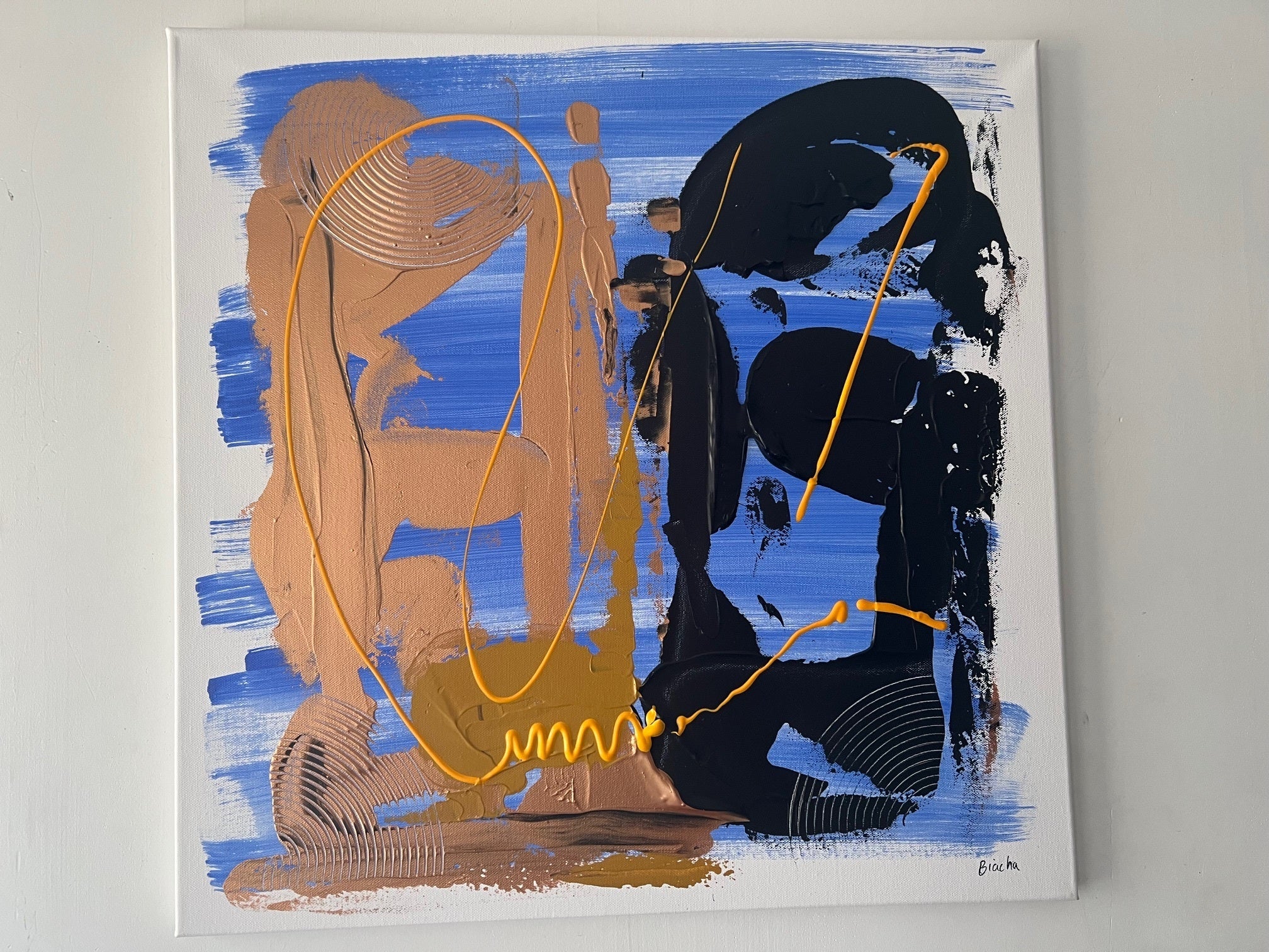 Tableau abstrait moderne bleu noir cuivre